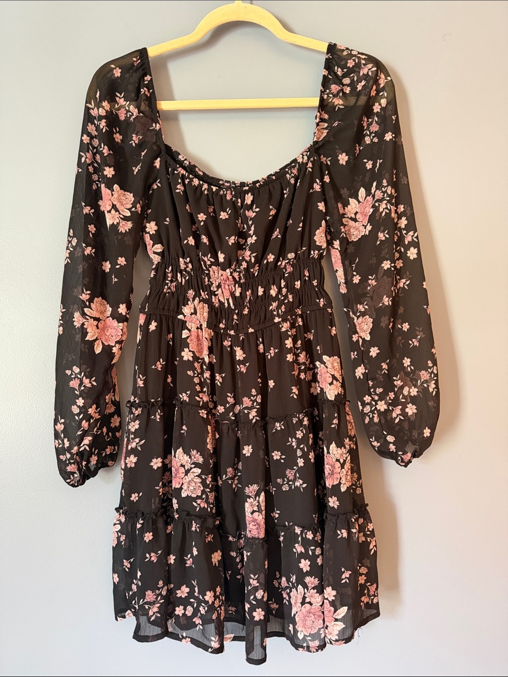 Black Floral Smocked Waist Mini Dress with Puff Sleeves off the shoulders Size M